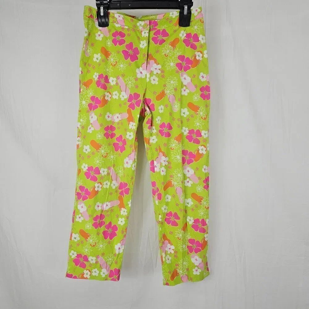 Lilly Pulitzer Bright Floral Hibiscus Flip Flop Cropped Pants Sz 8 Gidget Green